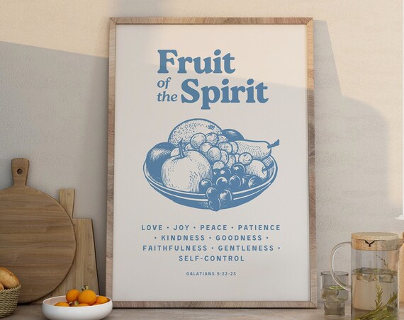 Fruit of the Spirit Galatians 5 Blue Fruit Bowl Christian Wall Art