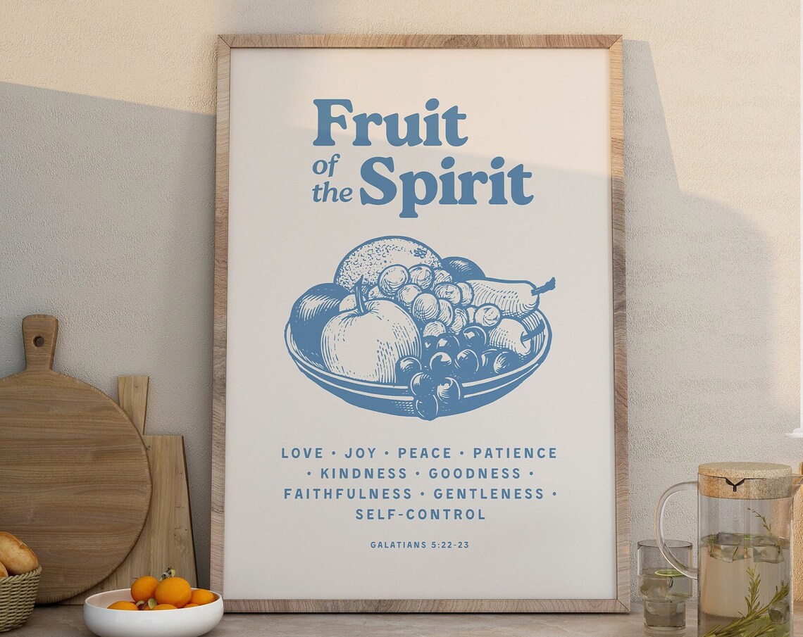 Fruit of the Spirit Galatians 5 Blue Fruit Bowl Christian Wall Art
