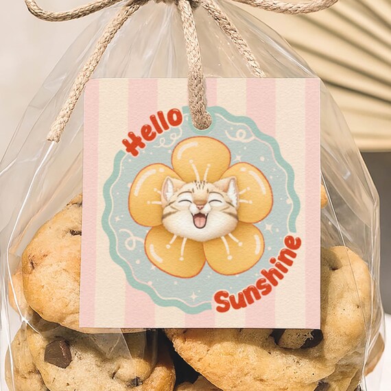 Summer Square Gift Tag Hello Sunshine End Of School Favor Cute Happy Cat Sunflower Illustration