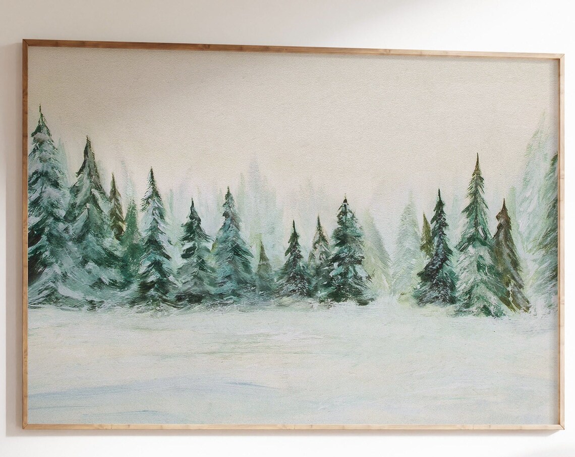 Misty Snowy Pine Forest Watercolor Winter Woodland Scene Art Print