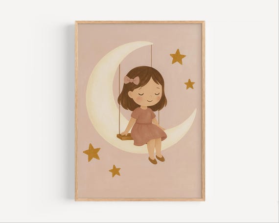 Girl On Moon Nursery Print Dreamy Kids Wall Art Baby Room Decor Night Sky Pastel Poster