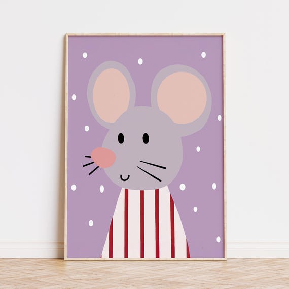 Mouse Poster For Kids Room Cute Minimalist Nursery Wall Art Purple Animal Print Scandinavian Illustration Physical