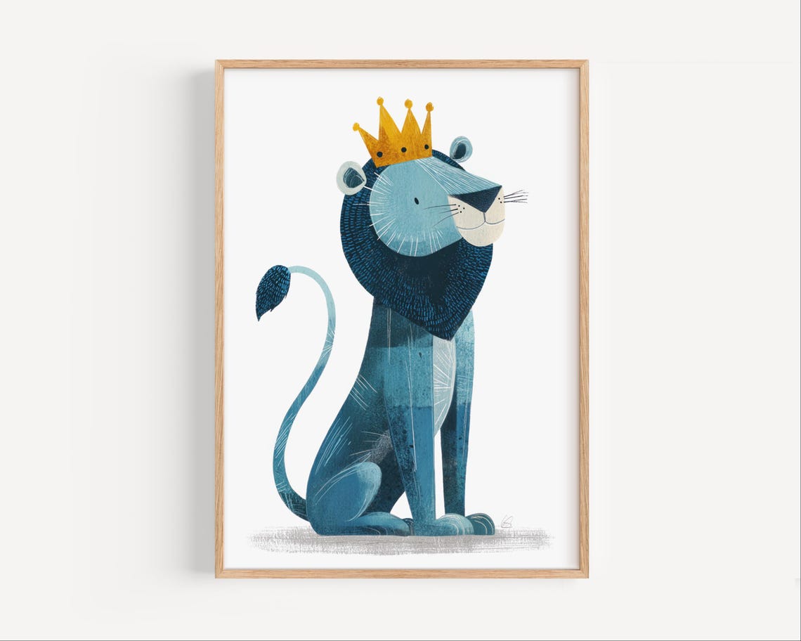 King Lion Nursery Wall Art Blue With Crown Safari Animal Print For Kids Room Jungle Theme Baby Boy Girl Bedroom Poster