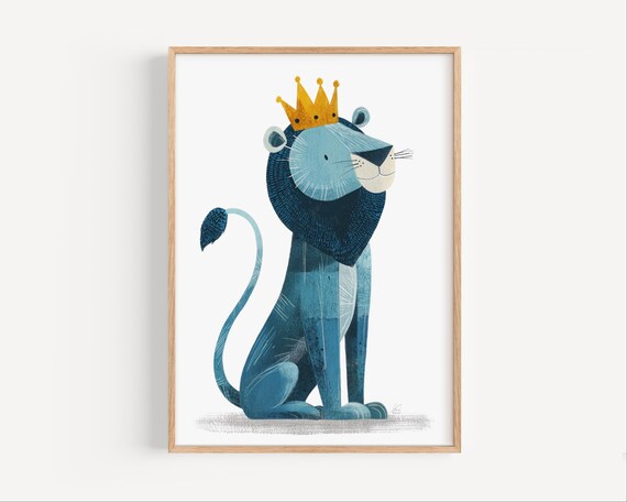 Blue King Lion Wearing a Gold Crown Kids Room Nursery Wall Poster