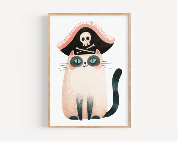 Funny Pirate Cat Art Print Cute Kitty In Skull Hat Poster For Boys Girls Room Instant