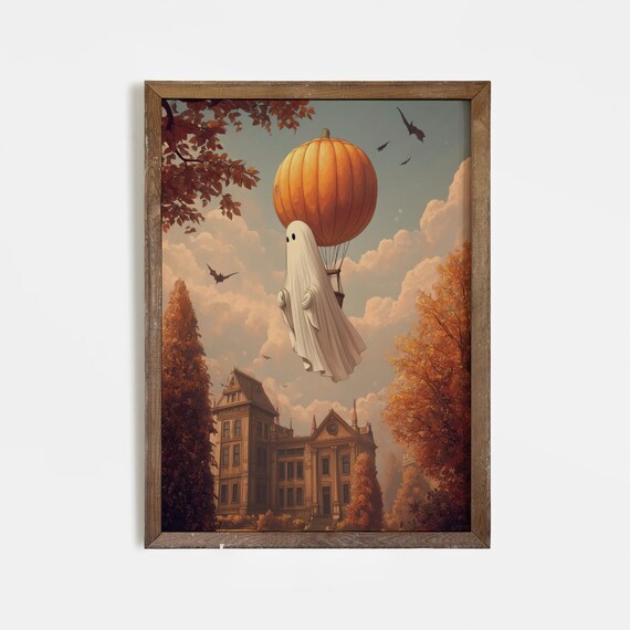 Halloween Wall Art Flying Pumpkin Balloon Print Haunted House Decor Spooky Autumn Illustration
