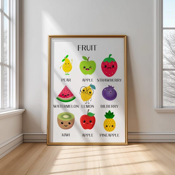 Fruits Print Prints Montessori Educational Poster Kids Children Learning Food Kitchen Veggies
