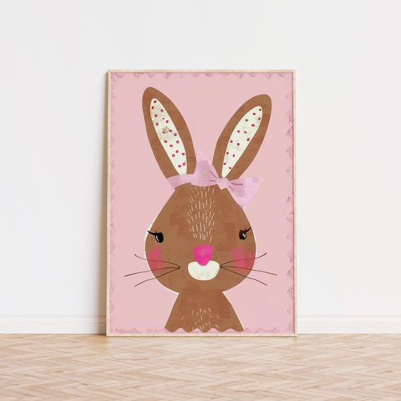 Cute Brown Bunny With Pink Bow on Pink Background Nursery Poster