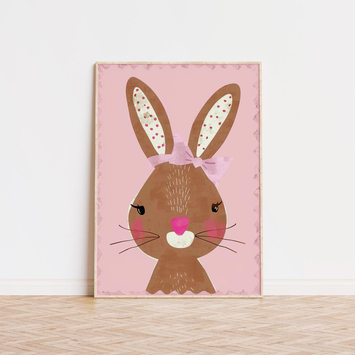 Cute Brown Bunny With Pink Bow on Pink Background Nursery Poster