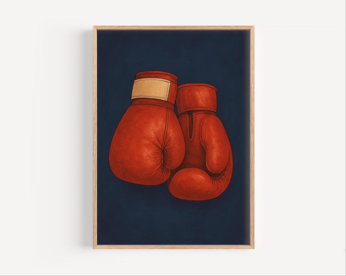 Red Boxing Gloves on Navy Blue Background Vintage Sports Poster