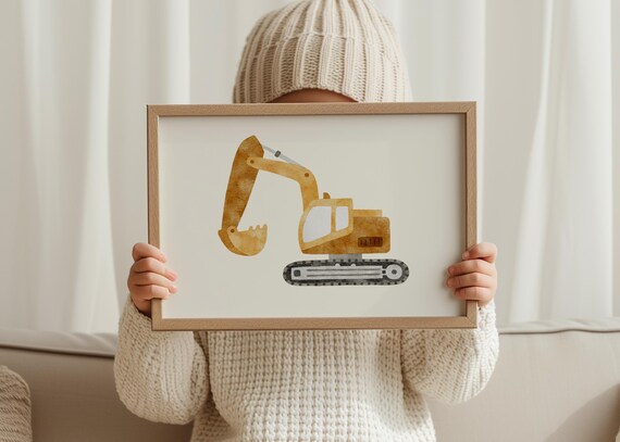 Yellow Excavator Watercolor Construction Vehicle Kids Nursery Poster