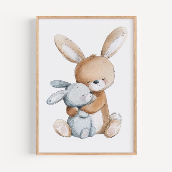 Adorable Hugging Bunnies Pastel Poster Kids Room Wall Art Nursery Decor Baby Gift Illustration