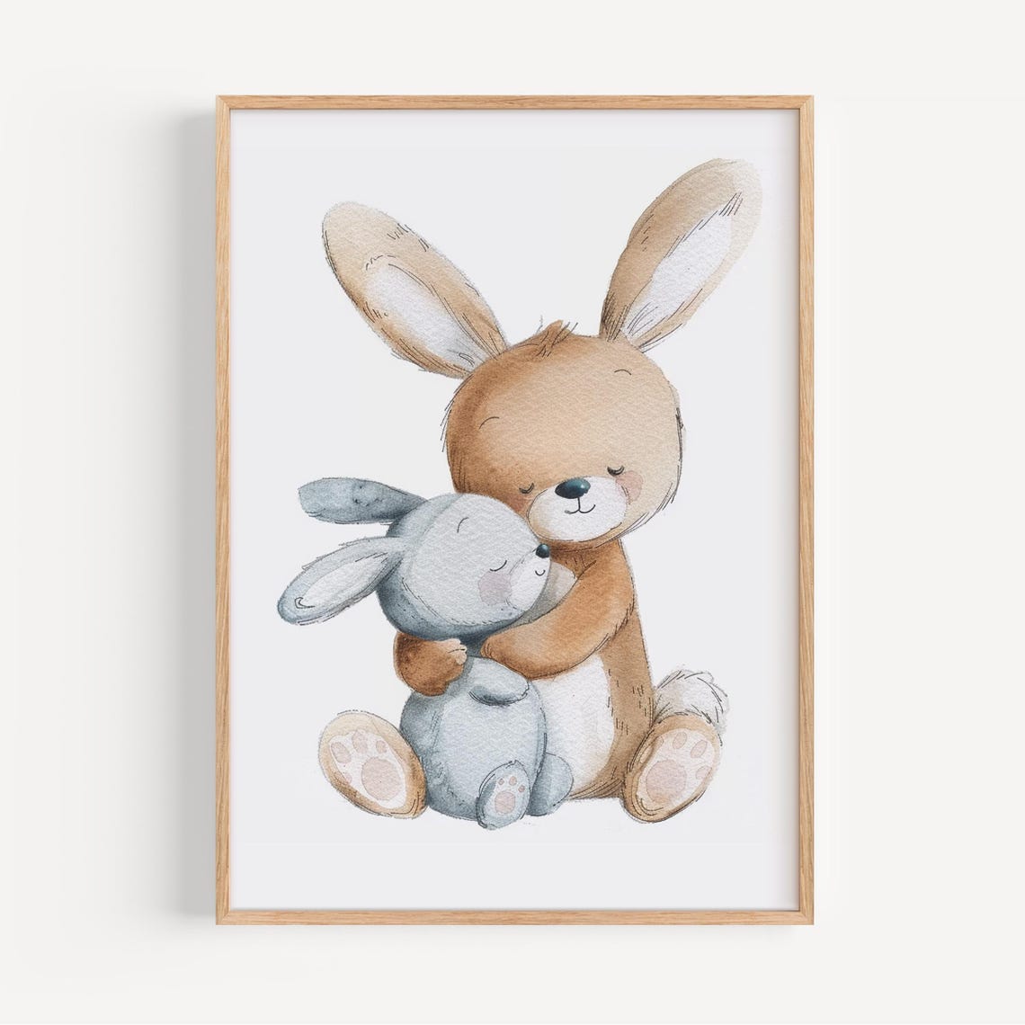 Hugging Bunnies Watercolor Illustration Kids Room Nursery Poster