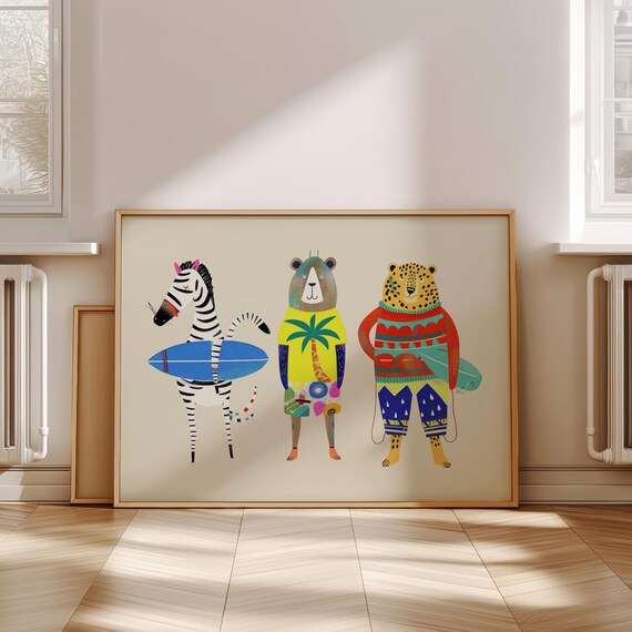 Surf Animals Wall Art Nursery Prints Kids Room Collection Baby Decor Playful Animal Eclectic