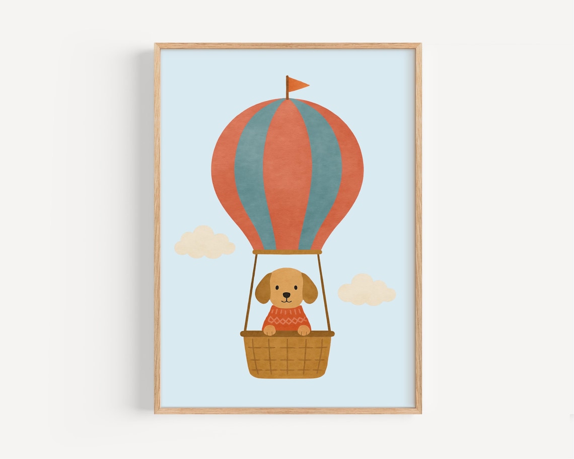 Cute Puppy Riding Hot Air Balloon Nursery Dog Kids Room Poster