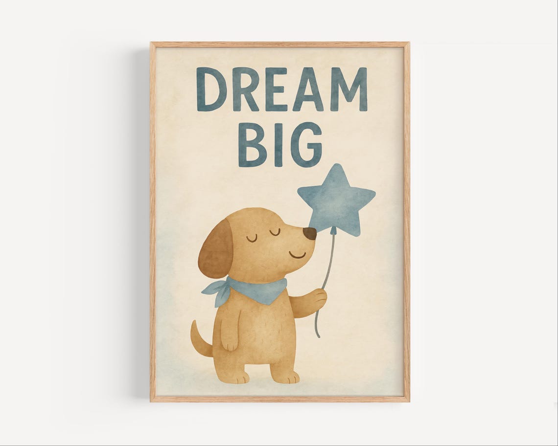Dream Big Happy Puppy with Blue Star Balloon Kids Nursery Poster