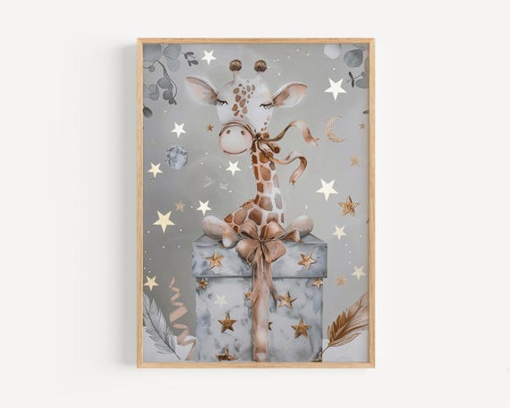 Funny Giraffe In A Gift Box Dreamy Nursery Wall Art With Stars And Moon Animal Poster For Baby Room Neutral Print Kids Decor