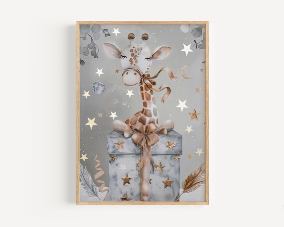 Sweet Giraffe In A Gift Box With Stars And Moon Nursery Poster