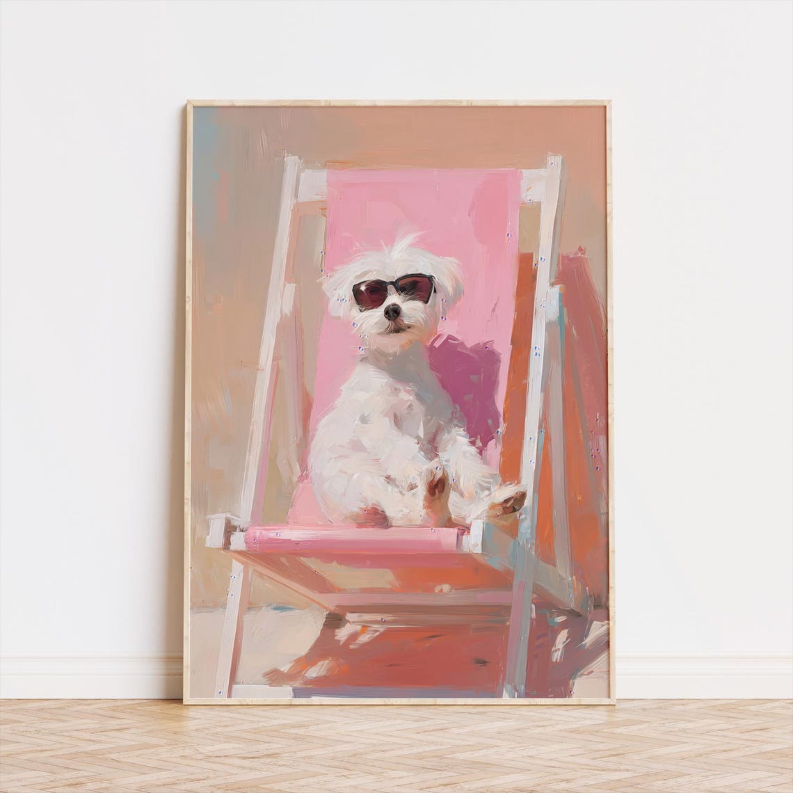 Playful White Dog in Sunglasses on Pink Beach Lounge Chair Wall Art
