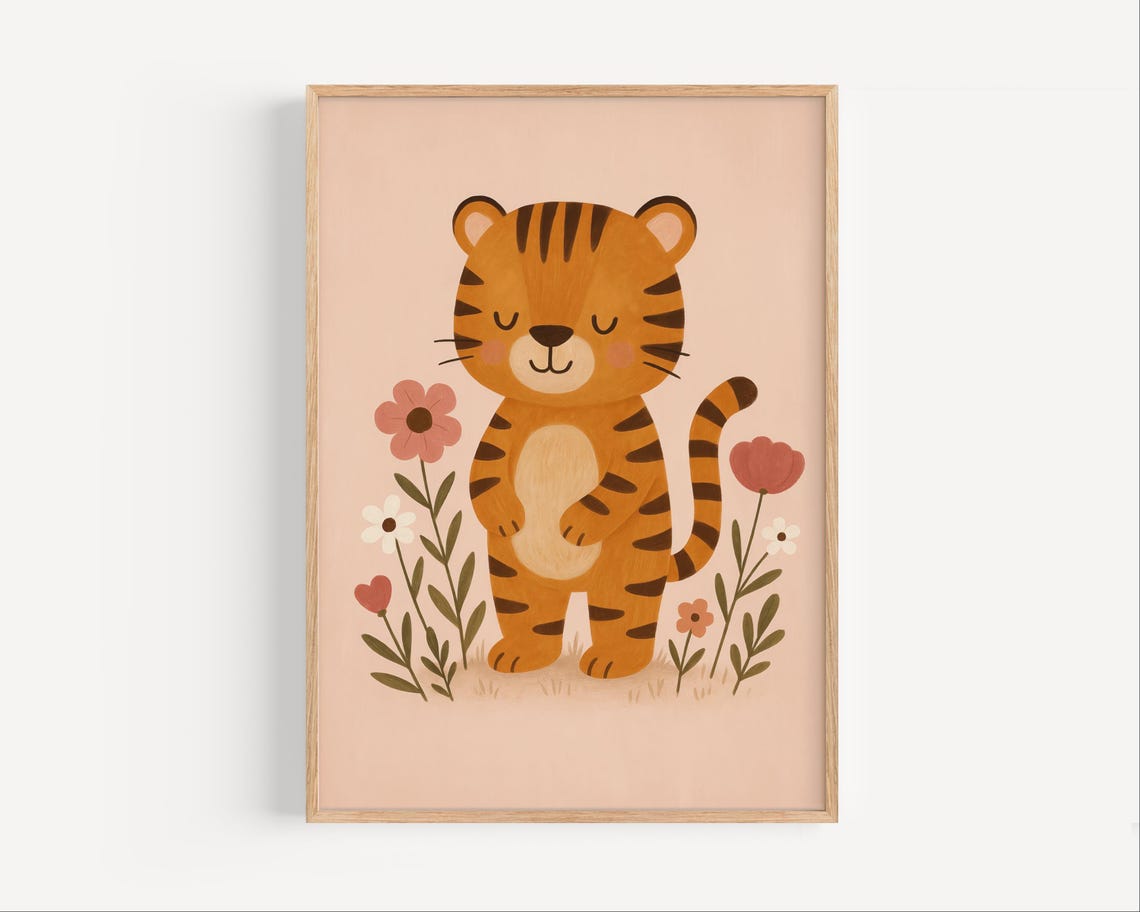 Cute Tiger Cub With Flowers Jungle Nursery Baby Room Art Poster