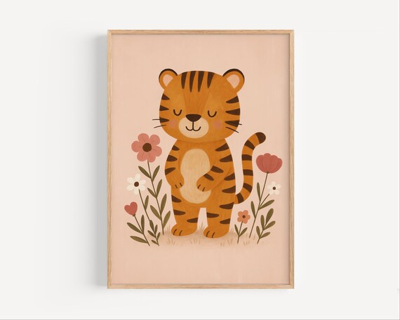 Cute Tiger Cub With Flowers Jungle Nursery Baby Room Art Poster