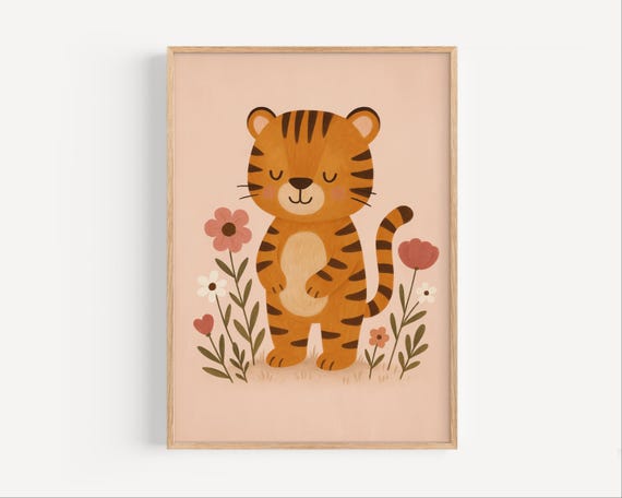 Tiger Nursery Print Jungle Animal Wall Art For Kids Cute Baby Decor Floral Safari Poster