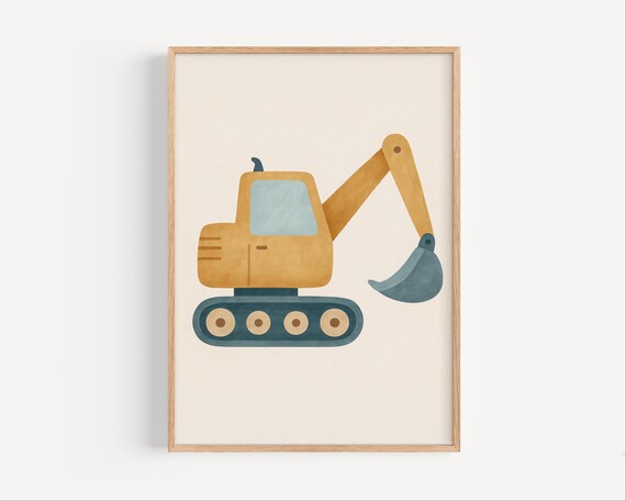 Yellow Excavator Digger Construction Vehicle Boys Room Poster