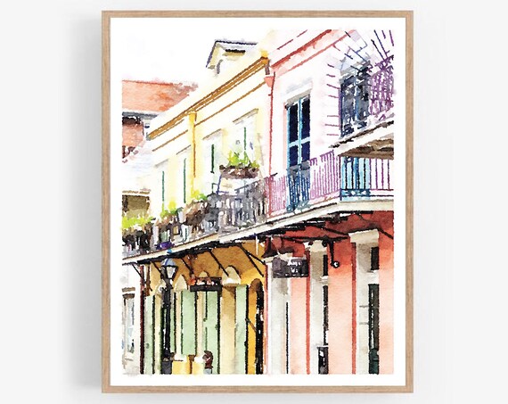 New Orleans French Quarter Watercolor Poster with Colorful Balconies