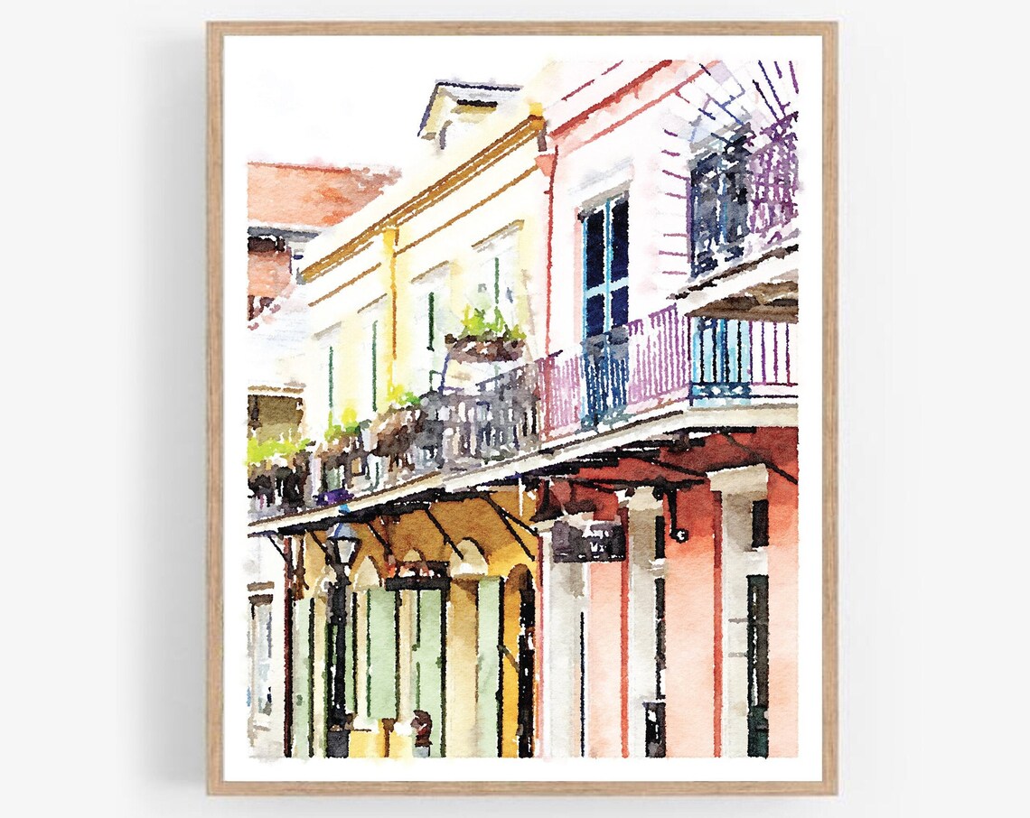 New Orleans French Quarter Watercolor Poster with Colorful Balconies
