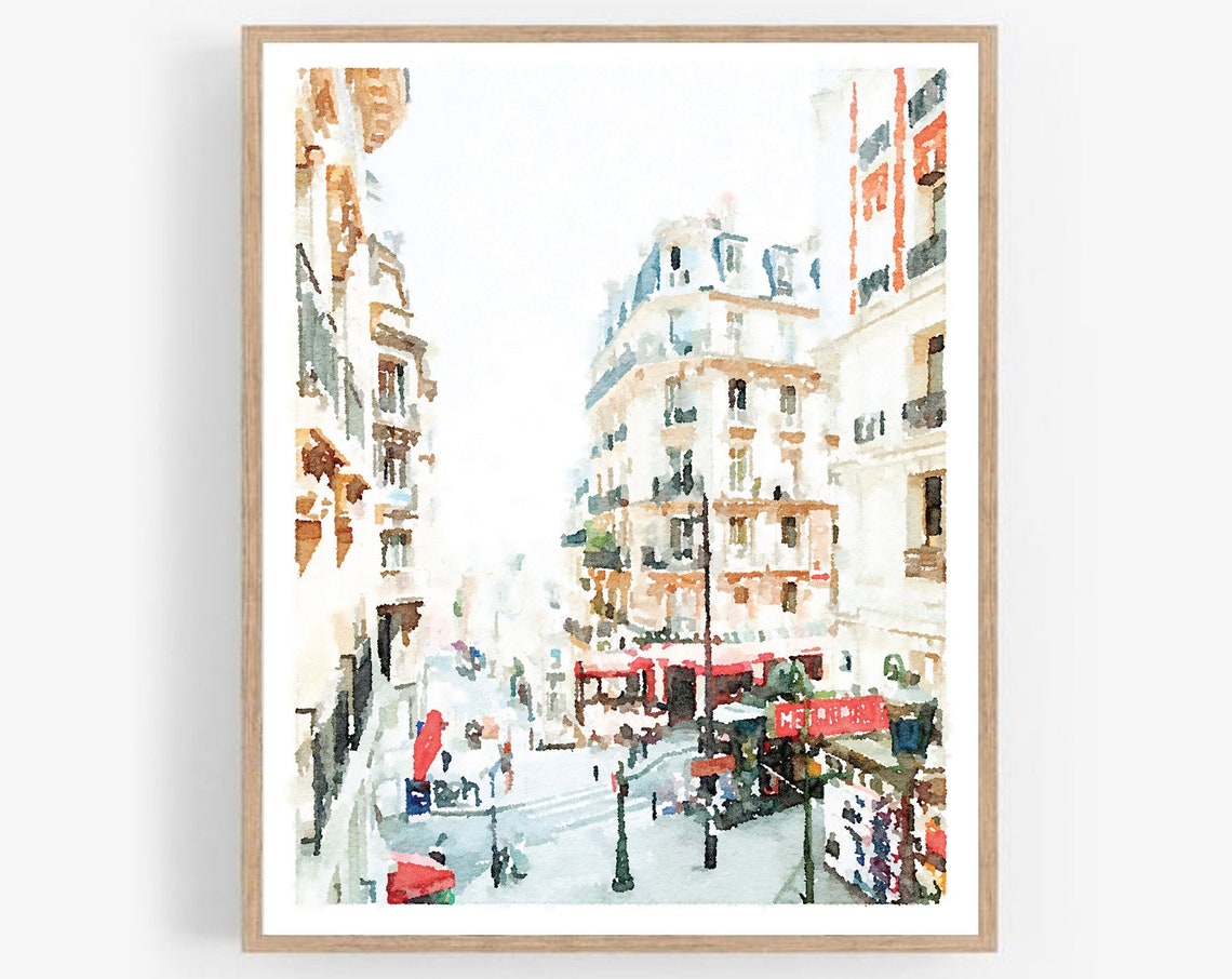 Paris Street Scene Watercolor Print France Wall Art Photography Painting French Decor Neutral 5x7 8x10 11x14 16x20 18x24