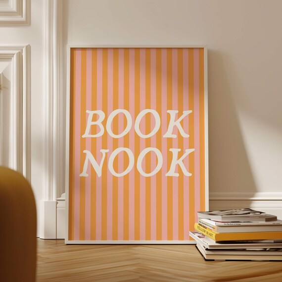 Book Nook Retro Striped Orange Pink Typography Reading Corner Poster