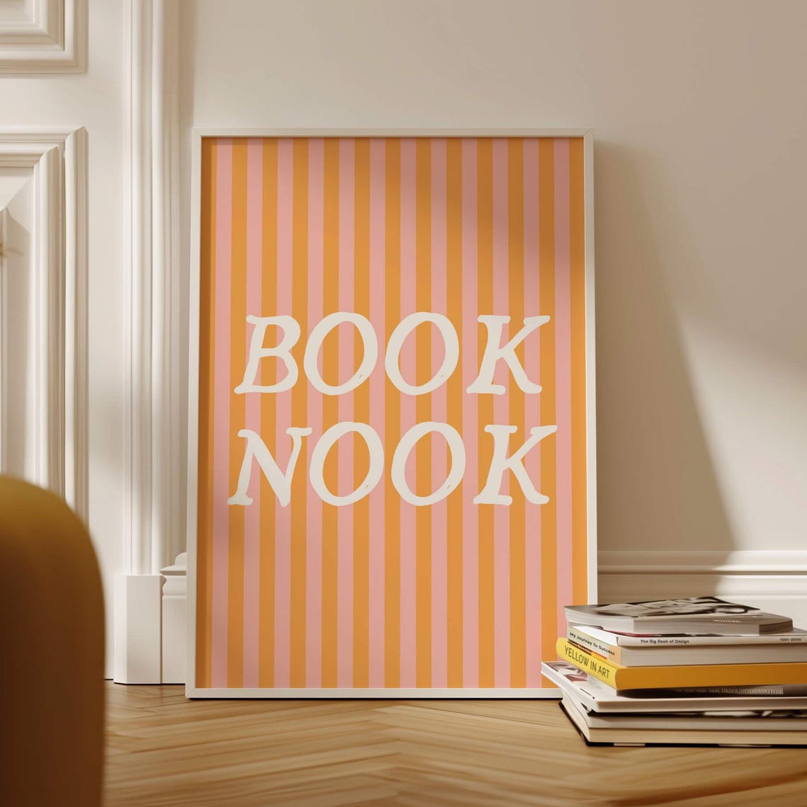 Book Nook Retro Striped Orange Pink Typography Reading Corner Poster