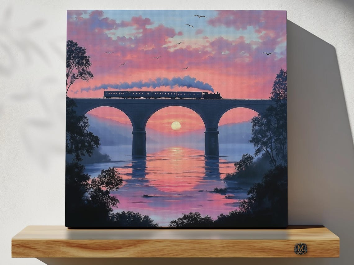 Steam Train Crossing Stone Viaduct Sunset Reflection Painting Poster