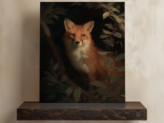 Red Fox Dark Background Print On Canvas Or Premium Archival Paper Moody Wildlife Wall Art Academia Nature Oil Painting Decor