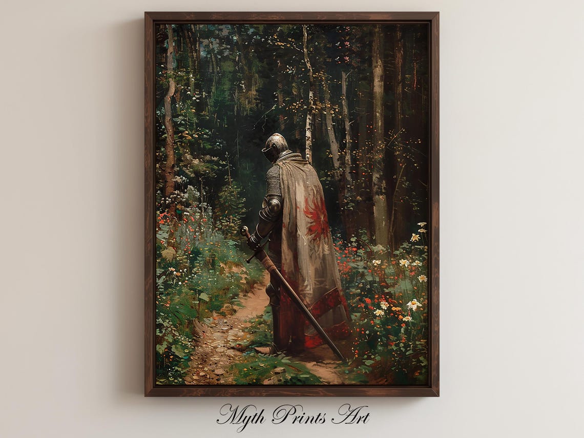 Medieval Knight In Armor Walking Forest Path Fantasy Wall Art