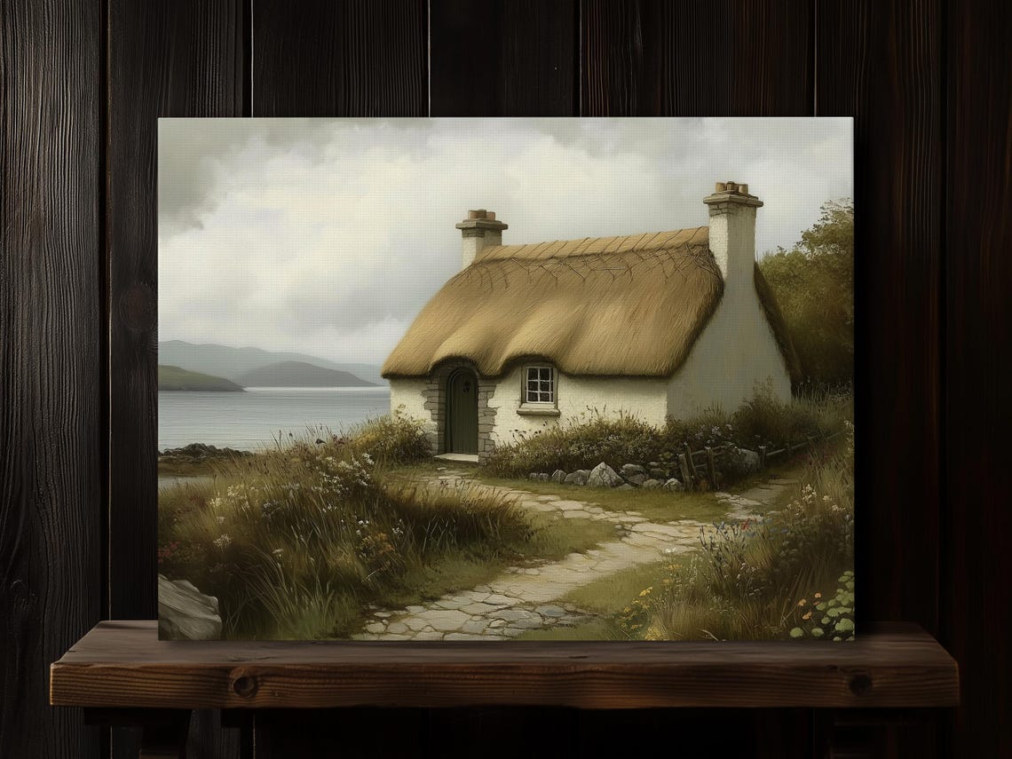 Soft Irish Thatched Cottage Lakeside Vintage Painting Art Poster