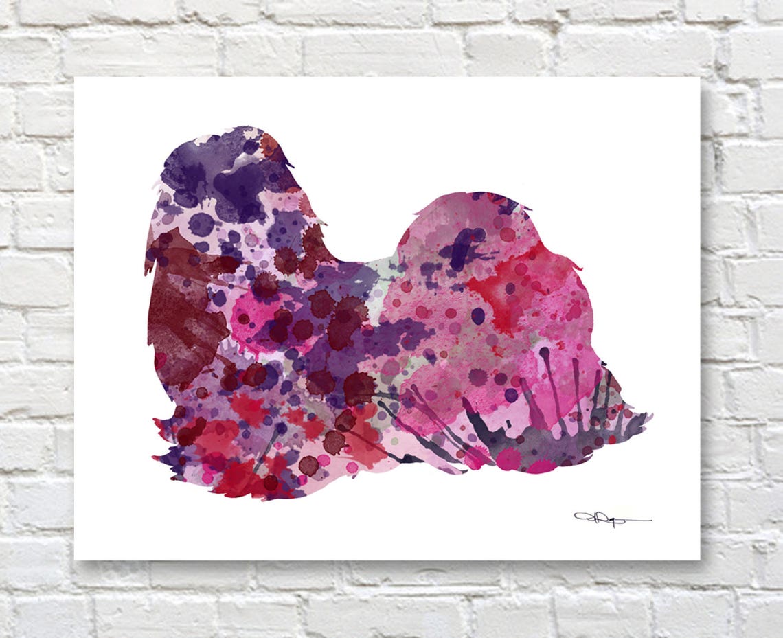 Pink and Purple Watercolor Shih Tzu Dog Lying Down Art Print