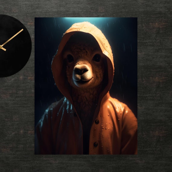 Alpaca In Raincoat Poster Art Wall Print Funny Animals Clothed Animal Cute