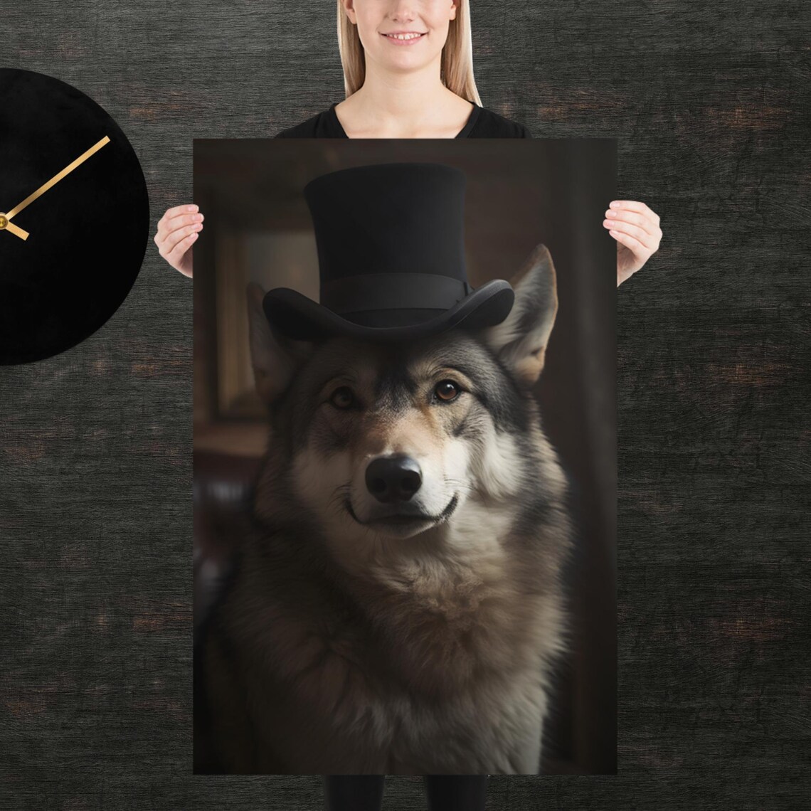 Majestic Wolf Wearing Black Tophat Striking Formal Portrait Poster