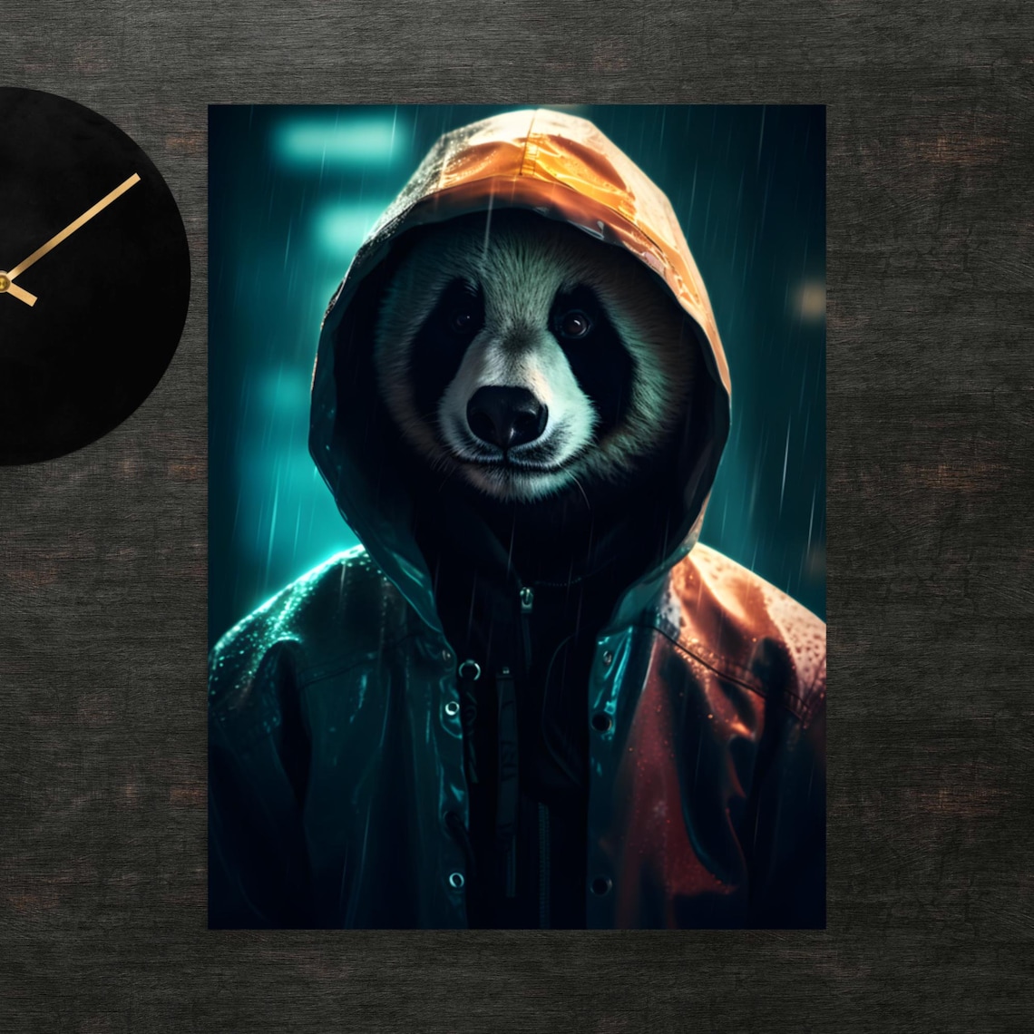 Giant Panda In A Yellow Hooded Raincoat On A Rainy City Night Poster
