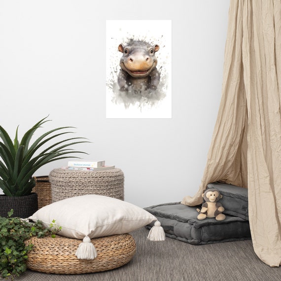 Cute Hippo Poster Baby Art Nursery Watercolor Adorable Animal Childrens Room Wall