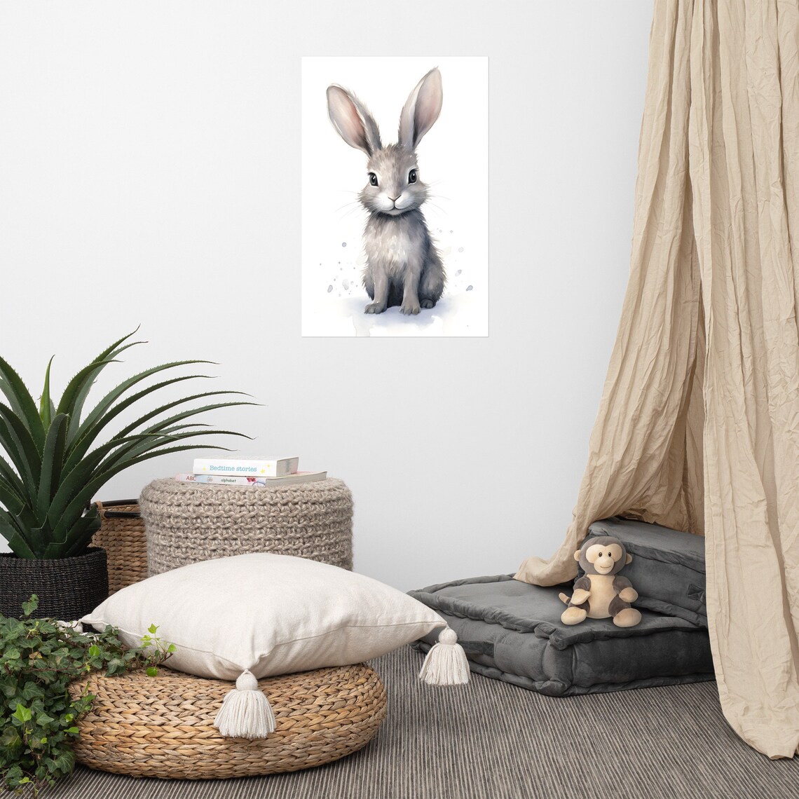 Sweet Gray Bunny Rabbit Watercolor Nursery Baby Animal Kids Wall Decor Poster