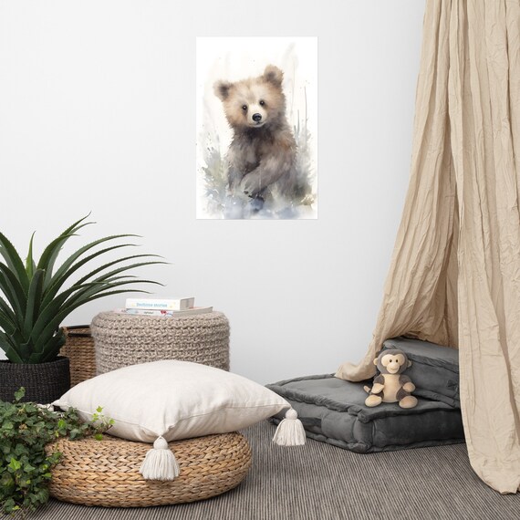 Soft Brown Bear Cub Watercolor Nursery Woodland Baby Animal Wall Decor Poster