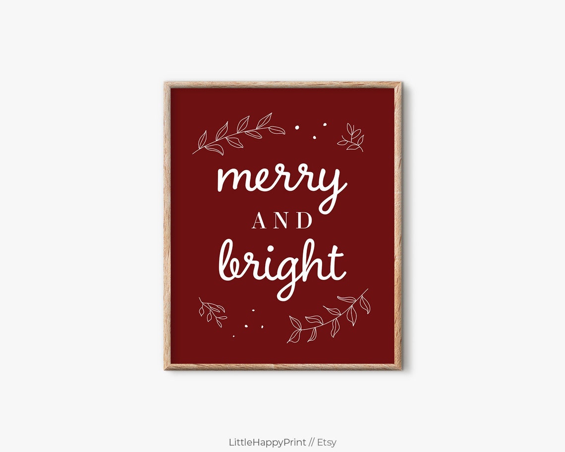 Merry and Bright Burgundy Botanical Script Christmas Wall Art