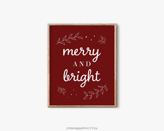 Merry And Bright Print Instant Download Holiday Home Decor Festive Jolly Quote Dark Red Maroon Rustic Modern Typography Wall Art