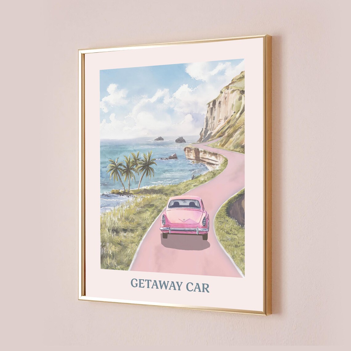 Getaway Car Pink Vintage Coastal Road Trip Watercolour Poster