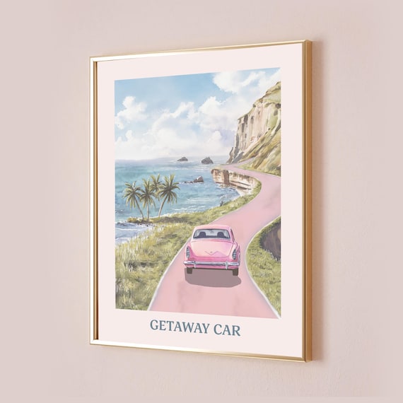 Getaway Car Pink Vintage Coastal Road Trip Watercolour Poster