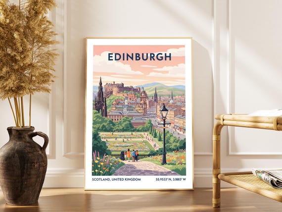 Edinburgh Cityscape Art Print Vintage Gouache Travel Poster