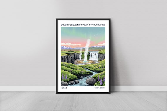 Iceland Golden Circle Thingvellir Geysir Gullfoss Waterfall Travel Poster