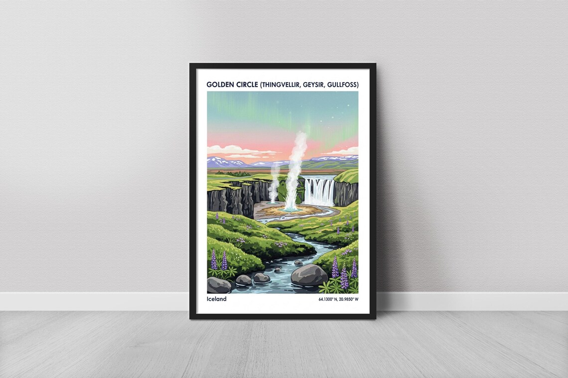 Iceland Golden Circle Thingvellir Geysir Gullfoss Waterfall Travel Poster